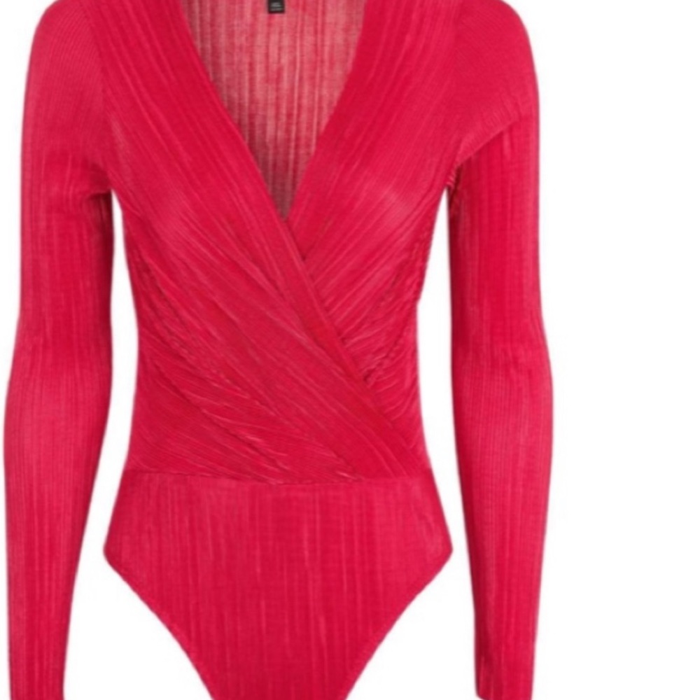 Topshop Plissé Faux Wrap Long Sleeve Bodysuit Pink Size 4 - Picture 4 of 13
